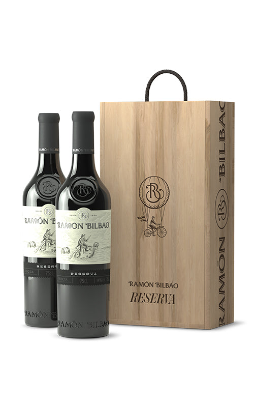 Pack of 2 bottles of Ramon Bilbao Reserva wine in a wooden box