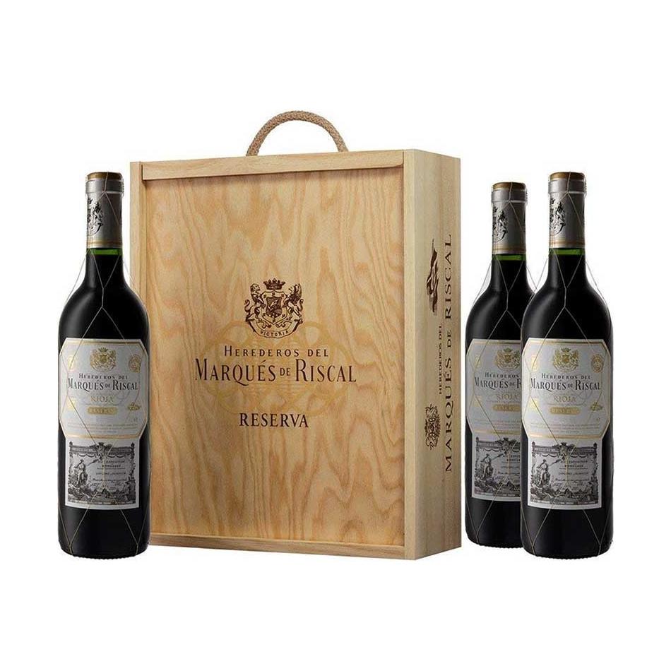 Pack of 3 Marqués de Riscal Reserva bottles in a wooden box