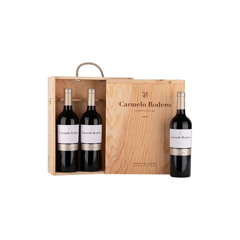 Pack 3 botellas Carmelo Rodero roble en caja de madera