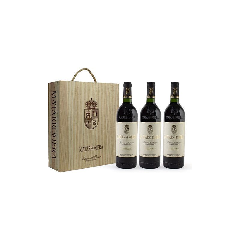 Pack 3 botellas Matarromera Crianza en caja de madera